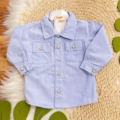 Conj. Camisa Manga Longa Listrada com Botões e Calça - Azul  e Areia